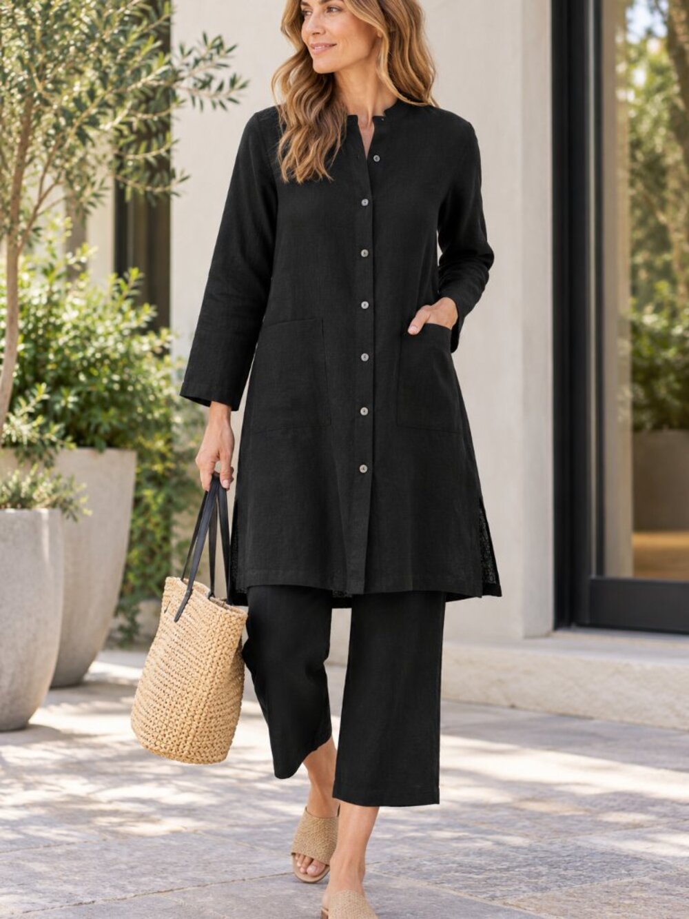Eileen Fisher Black Organic Handkerchief Linen Long Shirt Sz M